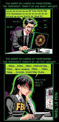 THE AGENT IN CHARGE OF MONITORING THE TERRORIST THREAT OF FAR RIGHT THIS MEME IT'S HILARIOUS АНА THATS SO ТемЕ А At <4 THE AGENT IN CHARGE OF MONITORING THE TERRORIST THREAT OF LEFTIST PEDO PEDO.... P