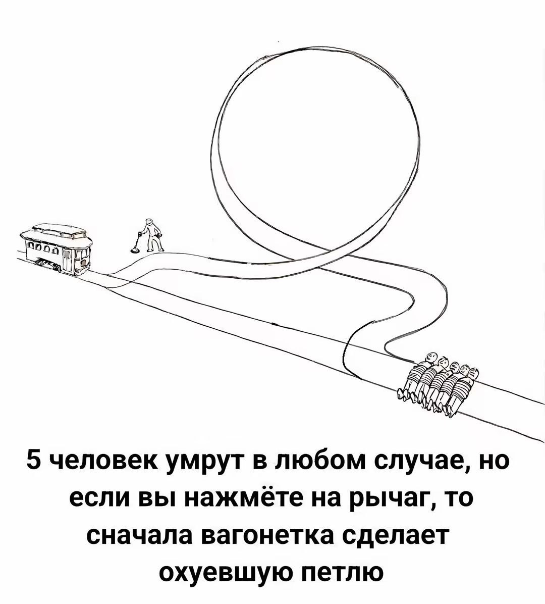 5 человек умрут в любом случае, но если вы нажмете на рычаг, то сначала вагонетка сделает охуевшую петлю