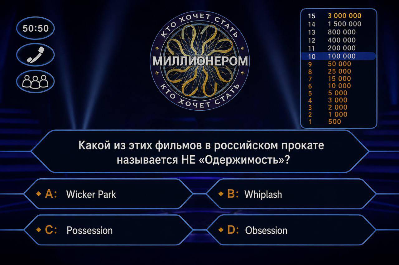 15 3 000 000 14 1500 000 13 800 000 12 400 000 11 200 000 10 100 000 МИЛЛ НЕРОМ 50 000 25 000 10 000 15 000 5 000 3 000 Хочет 2 000 1 000 500 Какой из этих фильмов в российском прокате называется НЕ «