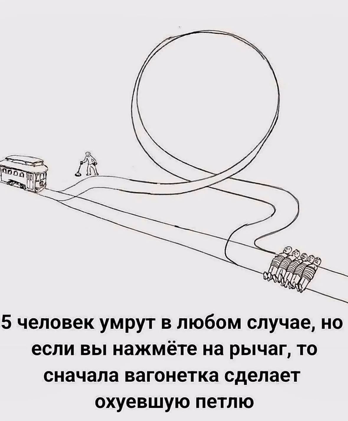 5 человек умрут в любом случае, но если вы нажмёте на рычаг, то сначала вагонетка сделает охуевшую петлю
