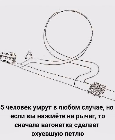 5 человек умрут в любом случае, но если вы нажмёте на рычаг, то сначала вагонетка сделает охуевшую петлю