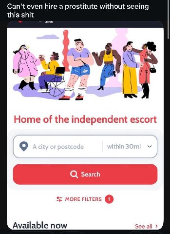 Can't even hire a prostitute without seeing this shit атк Home of the independent escort 9 MORE FILTERS Available now See all