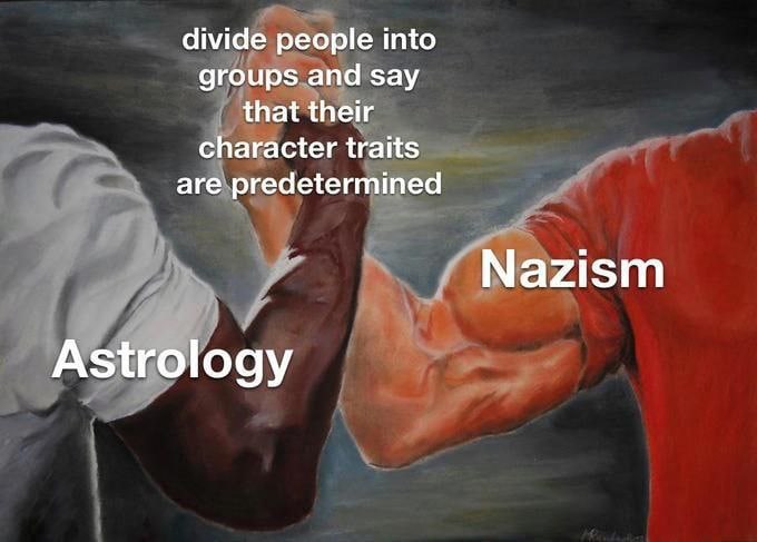 divide people into groups and say that their character traits are predetermined Nazism Astrology