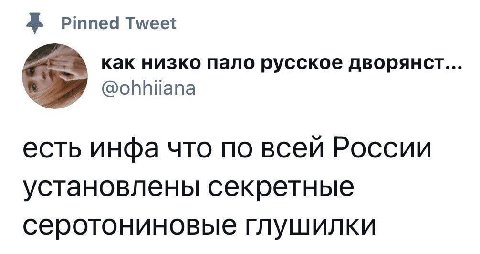 Pinned Tweet как низко пало русское дворянст... @ohhiiana есть инфа что по всей России установлены секретные серотониновые глушилки