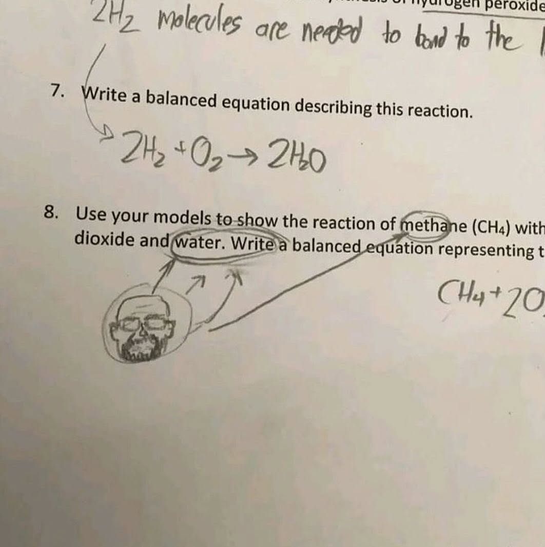 ave to the 7. a balanced €quation describing this reaction. 0> your models to-show the reaction of fhethane (CHa) witt dioxide and(Water. balance ation representing 770 к