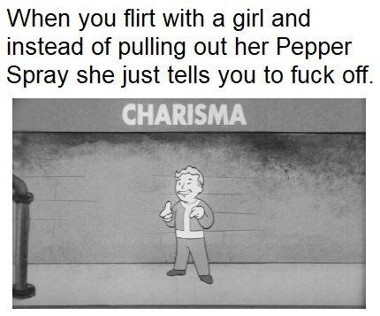 When you flirt with а girl and instead of pulling out her Pepper Spray she just tells you to fuck off. CHARISMA