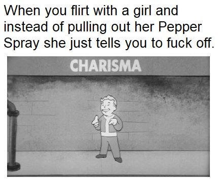 When you flirt with а girl and instead of pulling out her Pepper Spray she just tells you to fuck off. CHARISMA