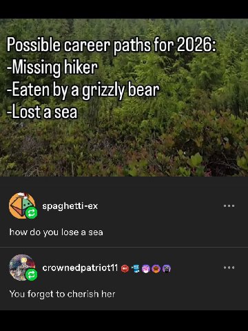 Possible career paths for 2026 -Missing hiker -Eaten a grizzly bear -Lostasea spaghetti-ex how you lose a sea You forget to cherish her