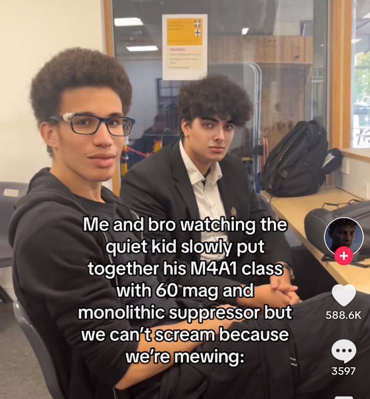 Me and bro watching quiet kid put together his МААЛ class with 60 mag and 588.6К monolithic suppressor but we can't scream because we're mewing: 3597