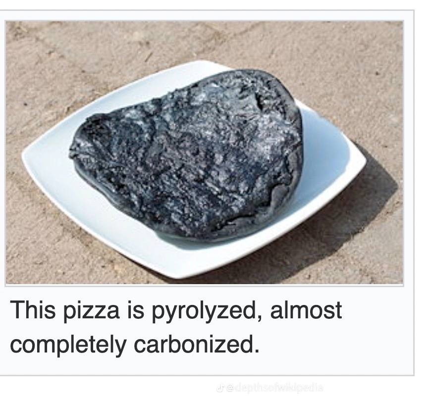 This pizza is pyrolyzed, completely carbonized.