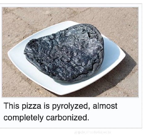 This pizza is pyrolyzed, completely carbonized.