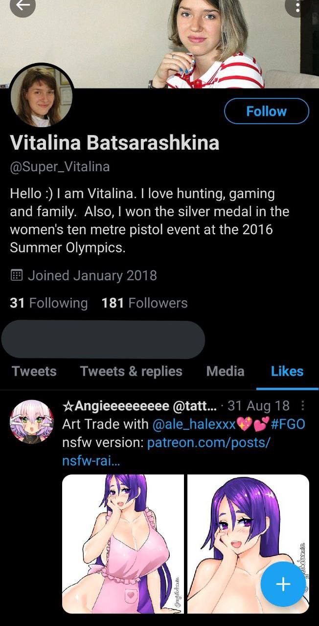 Follow Vitalina Batsarashkina @Super_Vitalina Hello Vitalina. love hunting, gaming and family. Also, won the silver medal in the women's ten metre pistol event at the 2016 Summer Olympics. Joined Janu
