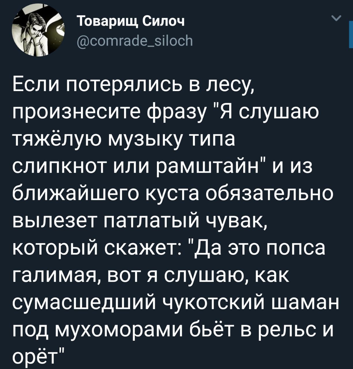 Товарищ, Силоч Если потерялись в лесу, произнесите фразу "Я слушаю тяжёлую музыку типа слипкнот или рамштайн" и из ближайшего куста обязательно вылезет патлатый чувак, который скажет: "Да это попса га