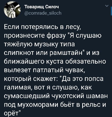 Товарищ, Силоч Если потерялись в лесу, произнесите фразу "Я слушаю тяжёлую музыку типа слипкнот или рамштайн" и из ближайшего куста обязательно вылезет патлатый чувак, который скажет: "Да это попса га