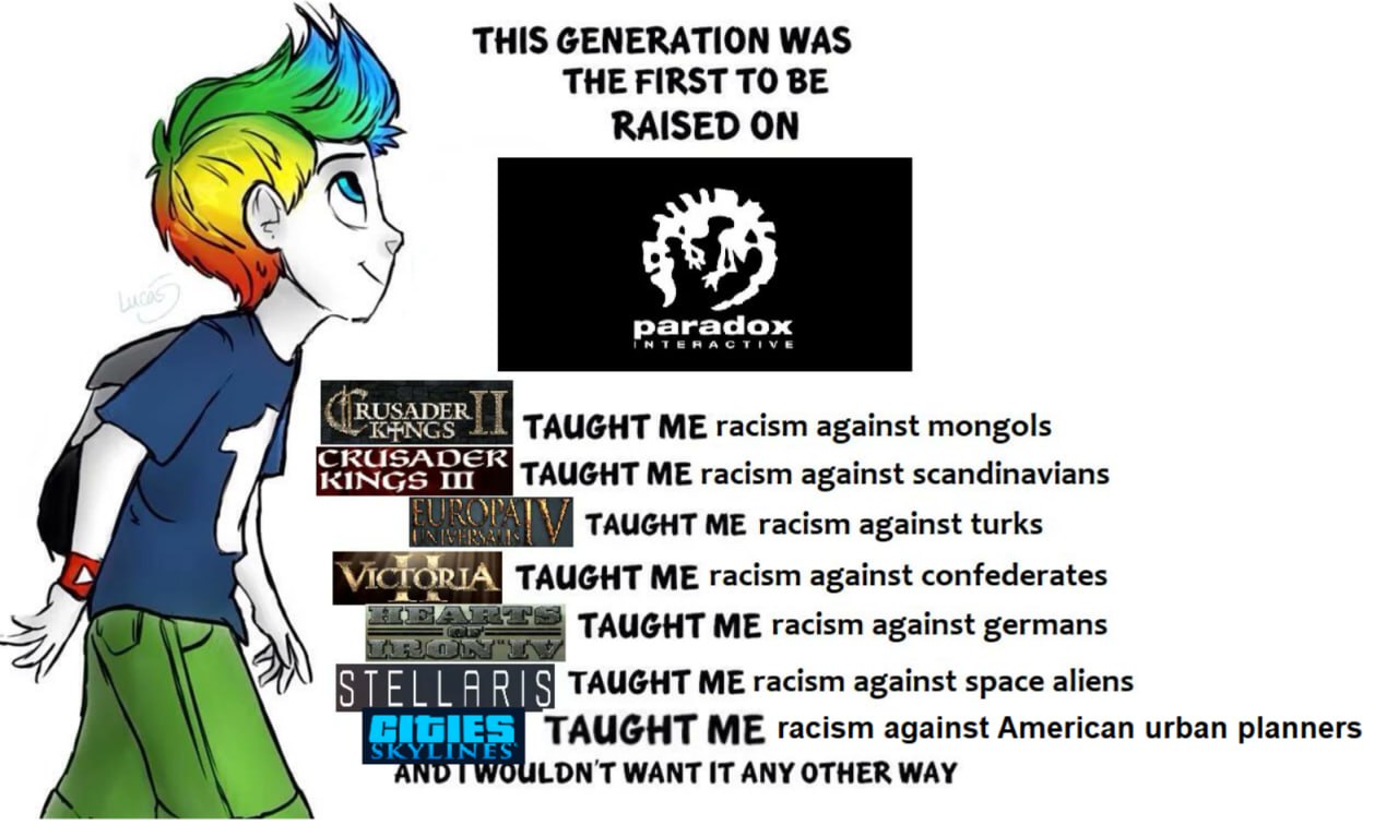 THIS GENERATION WAS hay THE FIRST TO BE RAISED ON рагааох RUSADER TAUGHT ME racism against mongols CRUSADER KINGS TAUGHT ME racism against scandinavians TAUGHT ME racism against turks TAUGHT ME racism