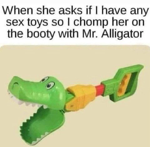 When she asks if have any sex toys so chomp her on the booty with Alligator