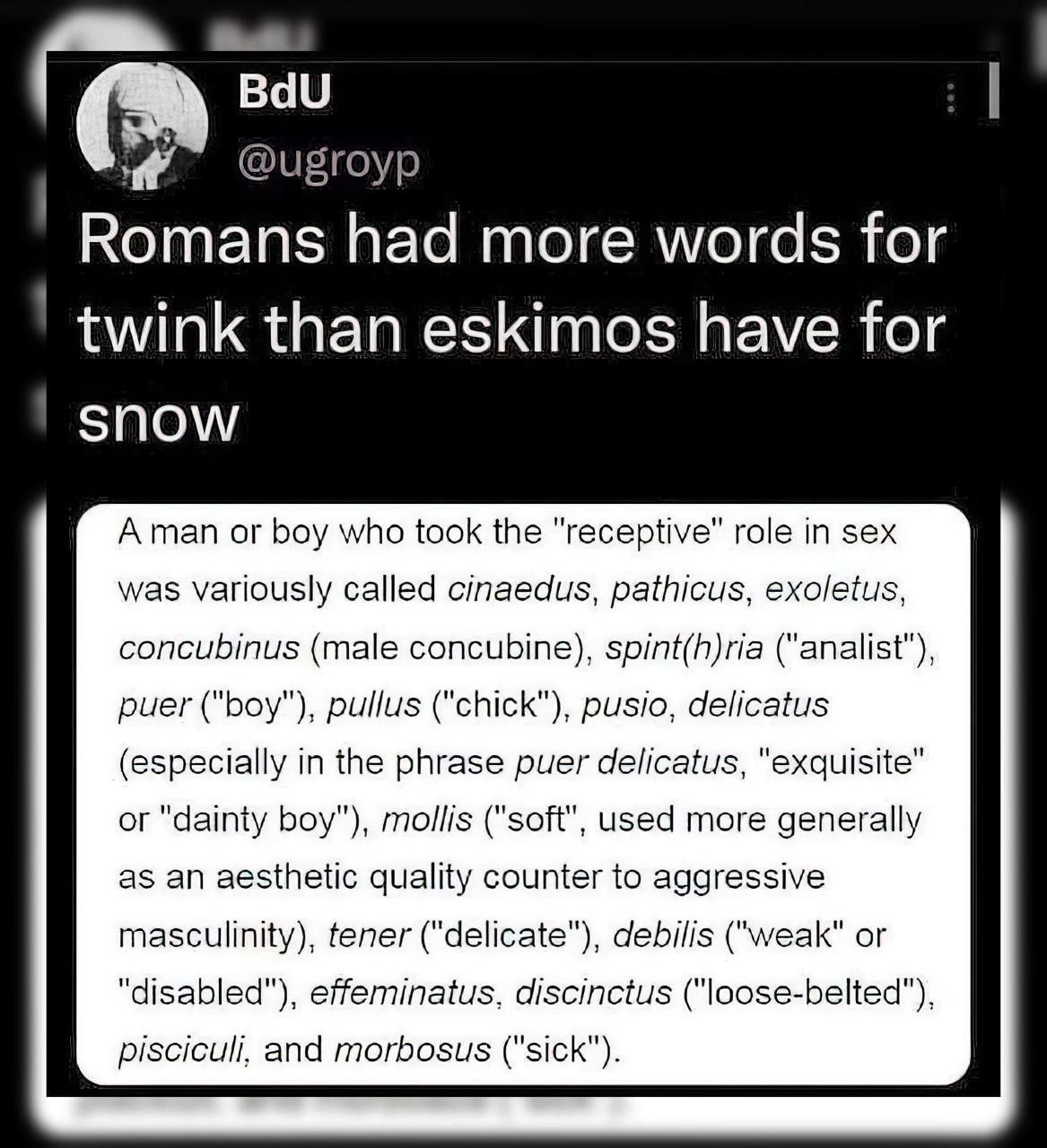 BdU ‘a @ugroyp Romans had more words for than eskimos have for $ПО\/ Aman or boy who took the "receptive" role in sex was variously called cinaedus, pathicus, concubinus (male concubine), spint(h)ria 