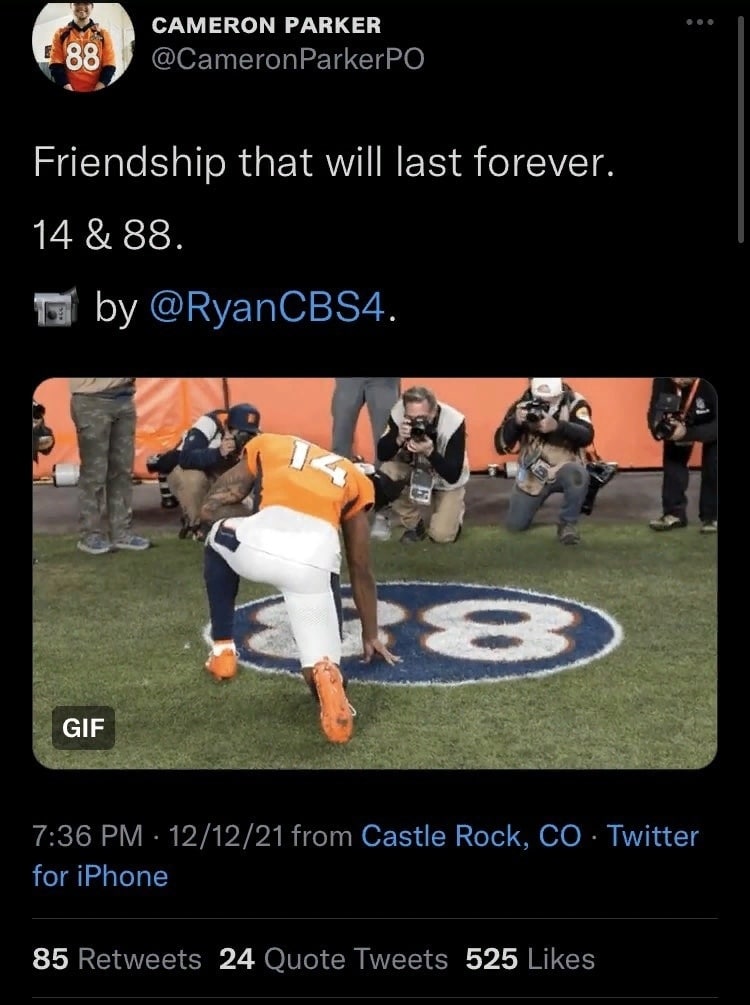 САМЕКОМ РАВКЕВ @CameronParkerPO #5) Friendship that will last forever 14 88. @RyanCBS4. 7:36 12/12/21 from Castle Rock, Twitter for iPhone 85 Retweets 24 Quote Tweets 525 Likes