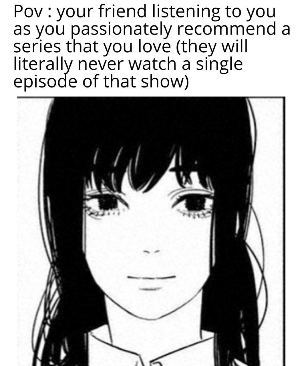 Pov your friend listening to you as you passionately recommend a series that you love (they will literally never watch a single episode of that show) —3 I,