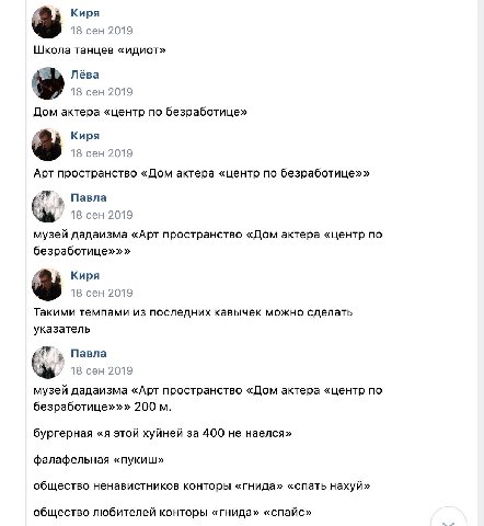 Киря 8 сен 2019 Школа танцев «идиот» Лёва 8 сен 2019 Дом актера «центр по безработице» Киря 8 сен 2019 Арт пространство «Дом актера «центр по Павла 18 ceH 2019 музей дадаизма «Арт пространство «Дом ак