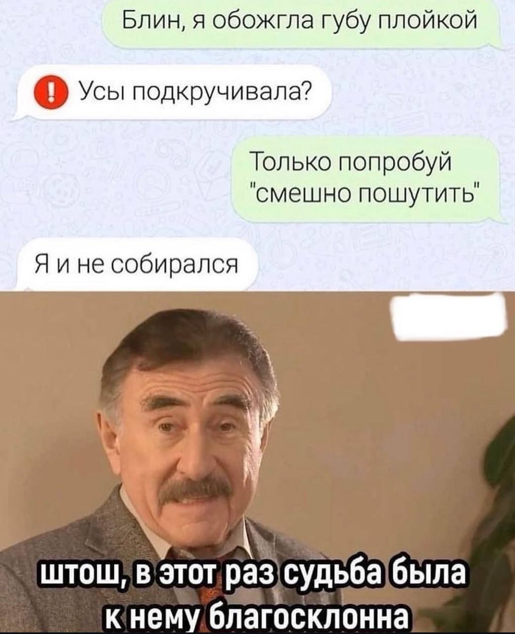 Блин, я обожгла губу плойкой Усы подкручивала? Только попробуй "смешно пошутить' Я и не собирался штош, ЭТОТ благосклонна