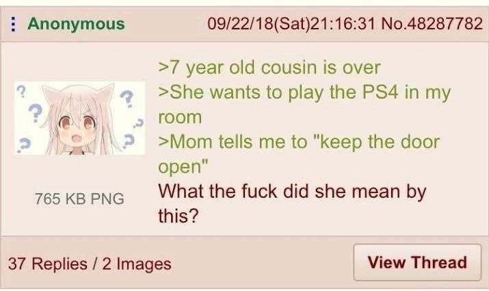 Anonymous 09/22/18(Sat)21:16:31 No.48287782 year old cousin is over >She wants to play the in my room >Мот tells to "keep the door open" 765 PNG What the fuck did she mean this? 37 Replies 2 Images Vi