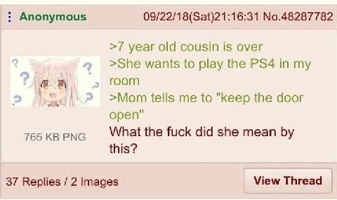 Anonymous 09/22/18(Sat)21:16:31 No.48287782 year old cousin is over >She wants to play the in my room >Мот tells to "keep the door open" 765 PNG What the fuck did she mean this? 37 Replies 2 Images Vi