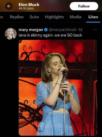 Elon Musk Likes 5 Replies Subs Highlights Media Likes mary morgan @maryarchived: lana is skinny again. we are SO back А