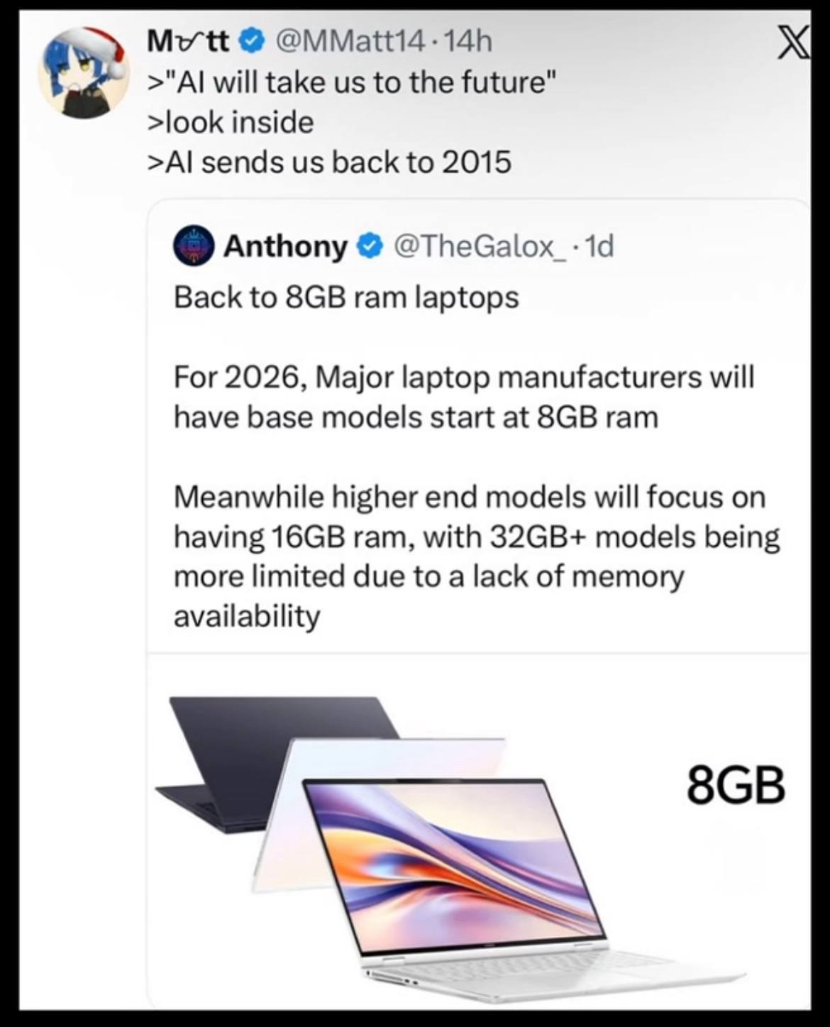 will take to the future" >look inside sends back to 2015 Anthony Back to ram laptops For 2026, Major laptop manufacturers will have base models start at ram Meanwhile higher end models will focus on h