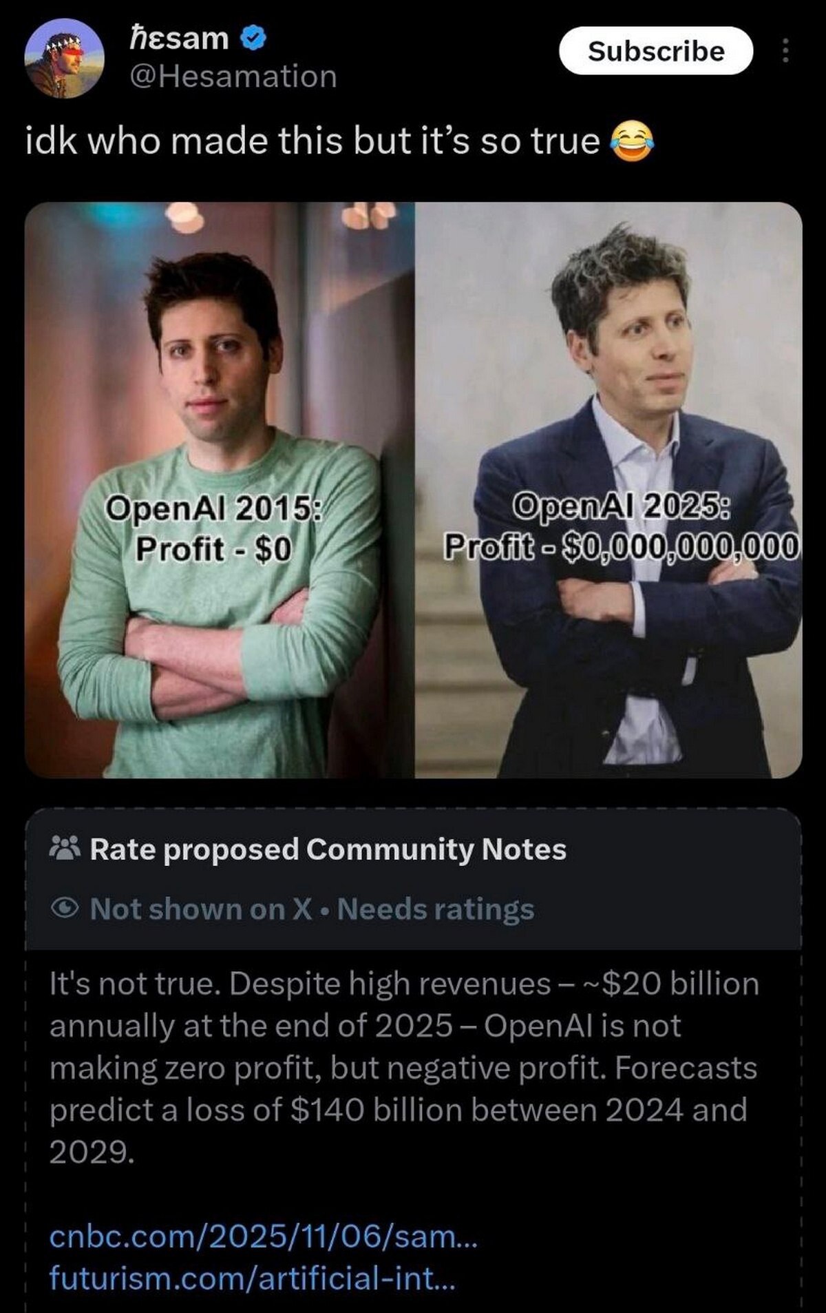 @Hesamation idk who made this but it’s so true 4 ОрепА! 2015; @penAl 2025: и Rate proposed Community Notes Not shown on Needs ratings It's not true. Despite high revenues ~$20 billion annually at the 