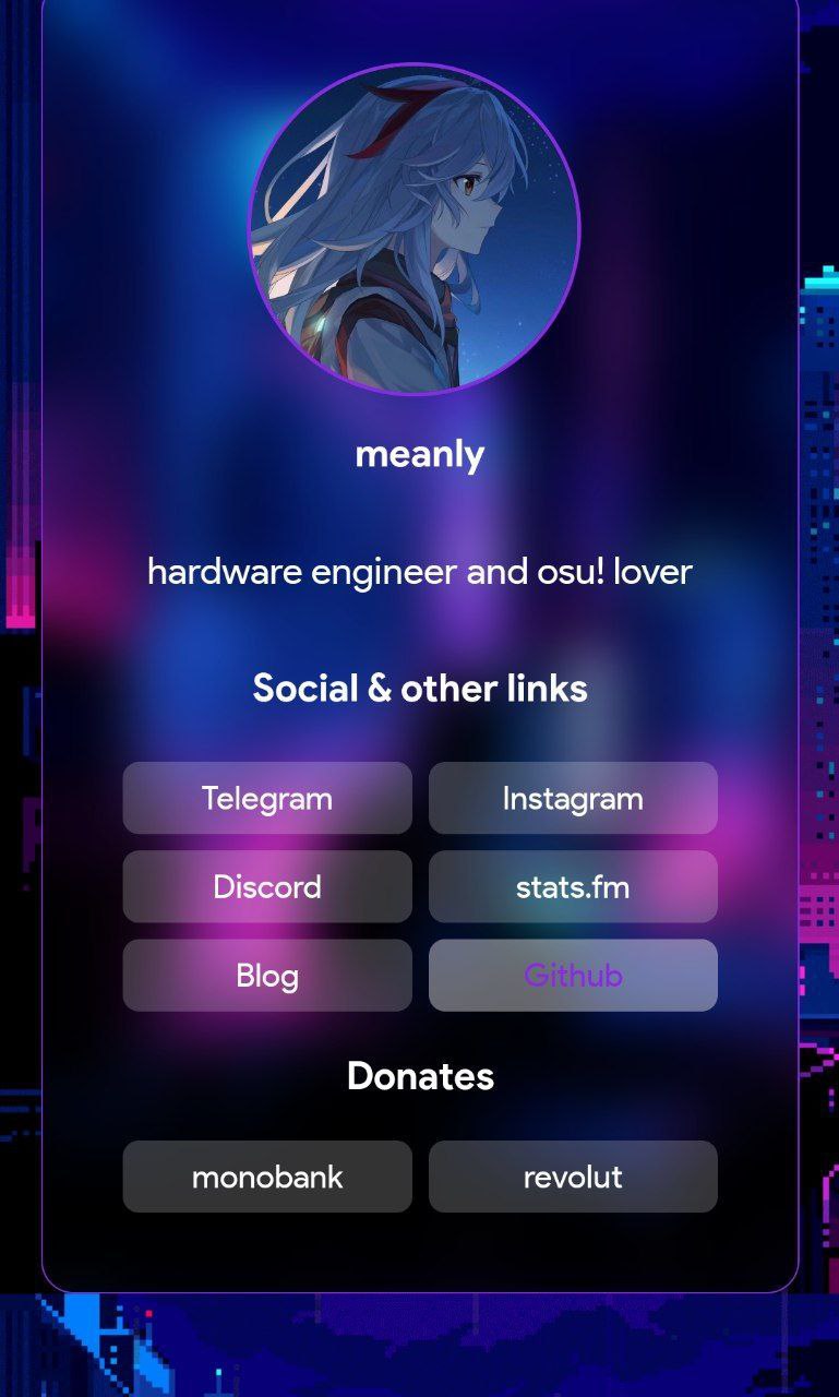 meanly hardware engineer and osu! lover Social other links Telegram Instagram Discord stats.fm Blog Donates monobank revolut