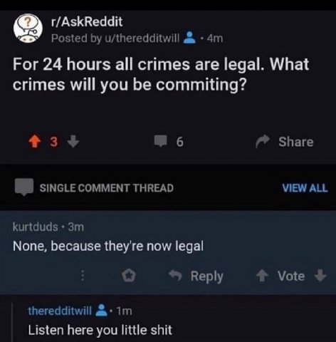 r/AskReddit Posted u/theredditwill 2 Рог 24 hours all crimes are legal. What crimes will you be commiting? +3 Share SINGLE COMMENT THREAD VIEW ALL kurtduds None, because they're now legal 6, Vote Repl