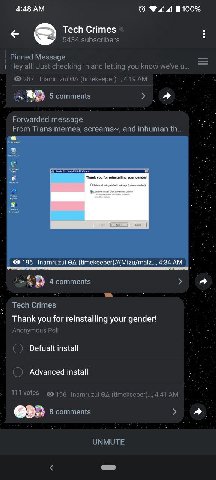 4:48 100% Tech Crimes 5434 subscribers Pinned Message Hey all! Just checking in and letting you know weve и 28 Inamruzui 4:19 5 comments Forwarded message From Trans memes, screams~, and inhuman a Tha