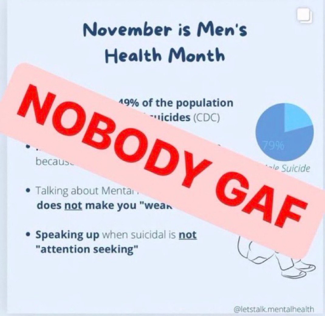 November is Men's Health Month 49% of the population (CDC) No becaus. cid Talking about Menta: does not make you "wean Car Speaking up when suicidal is not “attention seeking"