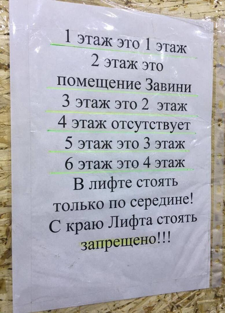 _1 этаж это этаж Этаж это помещение Завини 3 этаж это 2 этаж 4 этаж отсутствует 5 этаж это 3 этаж 6 этаж это 4 этаж В лифте стоять только по середине! С кра Лифта стоять запрещено