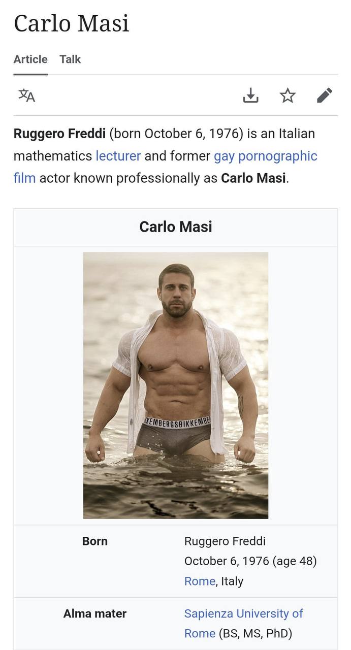 Carlo Masi Article Talk Ruggero Freddi (born October 6, 1976) is an Italian mathematics lecturer and former gay pornographic film actor known professionally as Carlo Masi. Carlo Masi Born Ruggero Fred