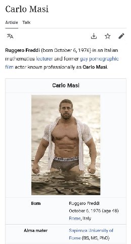 Carlo Masi Article Talk Ruggero Freddi (born October 6, 1976) is an Italian mathematics lecturer and former gay pornographic film actor known professionally as Carlo Masi. Carlo Masi Born Ruggero Fred