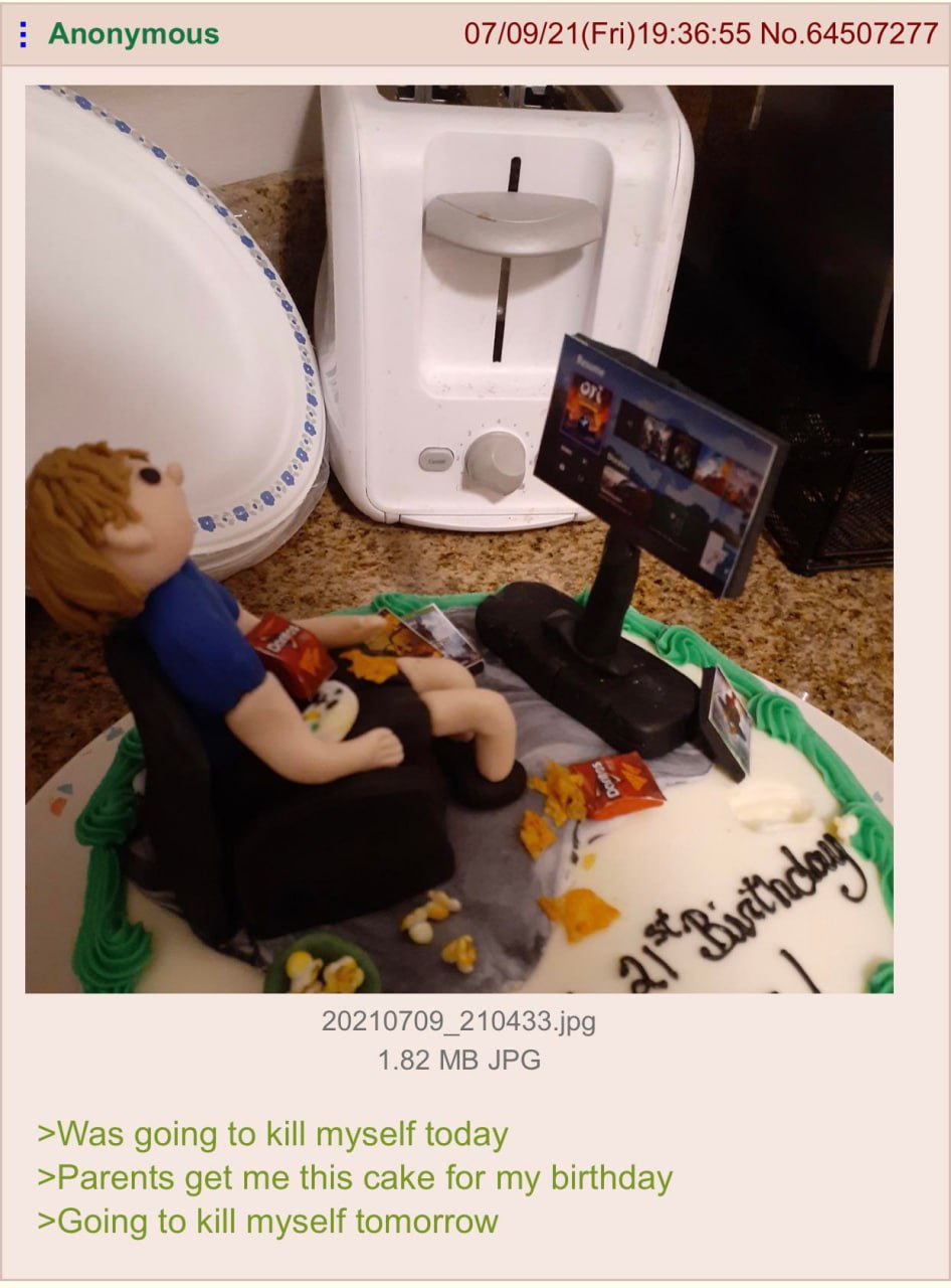 Anonymous 07/09/21(Fri)19:36:55 No.64507277 1 у 20210709_210433.jpg 1.82 JPG >Was going to kill myself today >Parents get me this cake for my birthday >Going to kill myself tomorrow