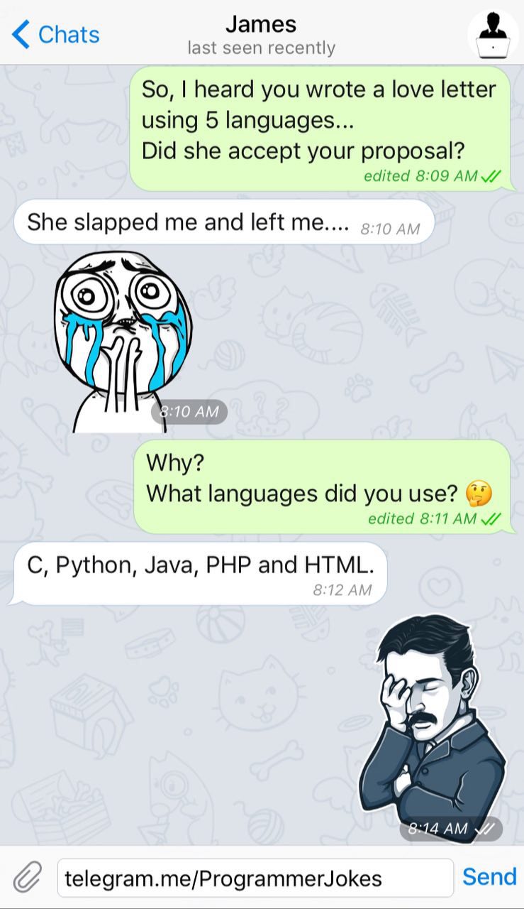 Chats James 4. ast seen recently So, heard you wrote a love letter using 5 languages... Did she accept your proposal? edited 8:09 AMZ She slapped me and left ayy Why? What languages did you use? edite