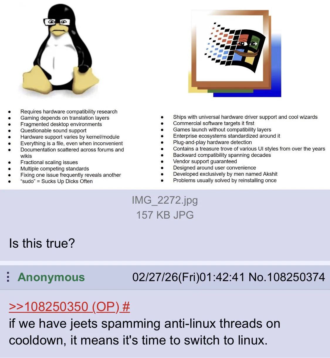 Requires hardware compatibility research Gaming depends on translation layers Ships with universal hardware driver support and cool wizards Fragmented desktop environments Commercial software targets 