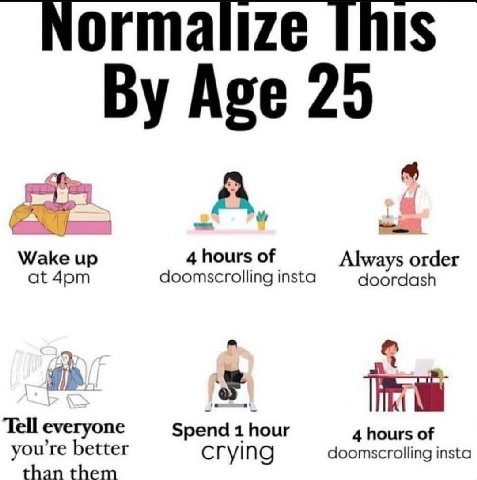 Normalize this Age 25 A, Wake up 4 hours of Always order doordash at doomscrolling insta a Tell everyone Spend 1 hour 4 hours of you're better doomscrolling insta than them crying
