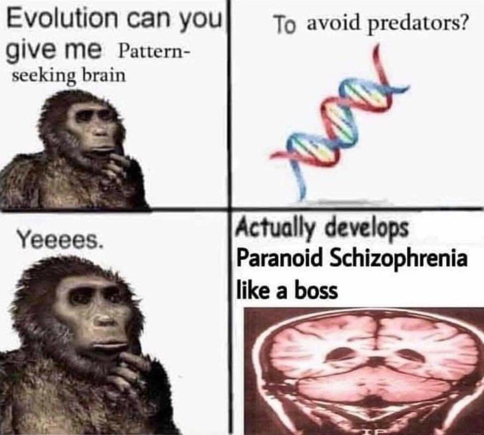 Evolution can you To avoid predators? give Pattern- seeking brain Actually develops Paranoid Schizophrenia like a boss
