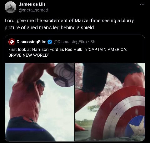 James Че Lord, give me the excitement of Marvel fans seeing a blurry picture of a red man’s leg behind a shield. DiscussingFilm First look at Harrison Ford as Red Hulk in ‘CAPTAIN AMERICA: BRAVE NEW W