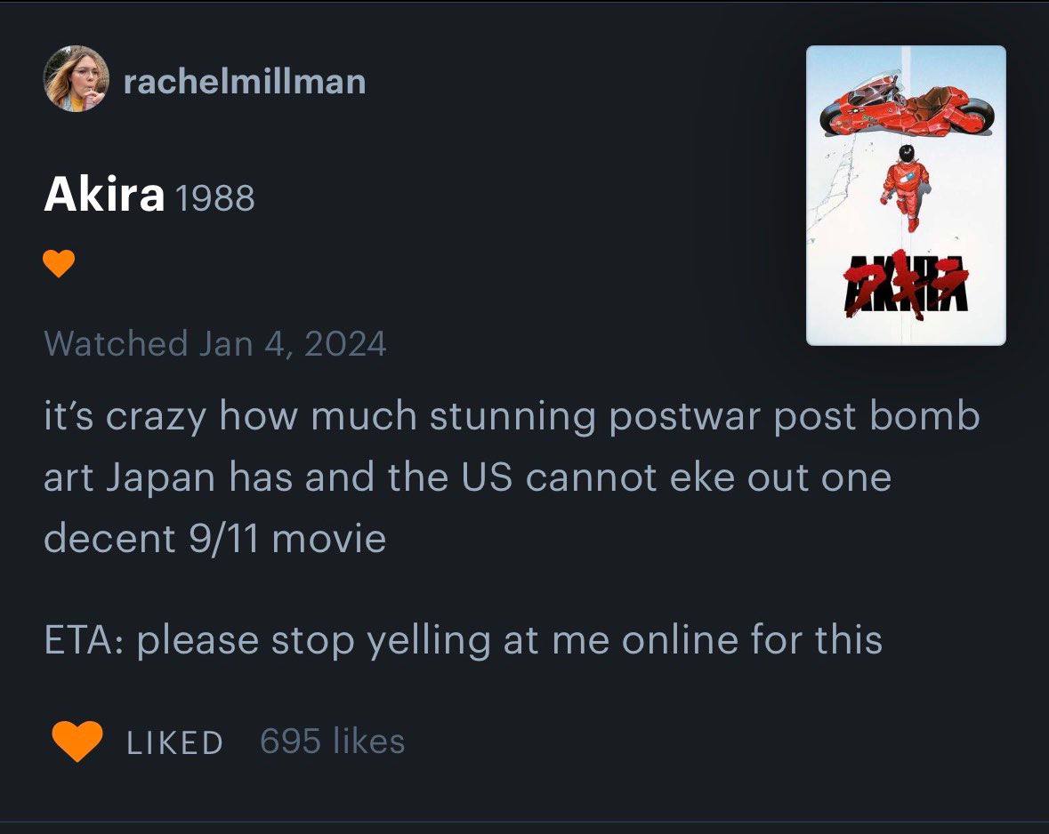 rachelmillman Akira 1988 Я} it’s crazy how much stunning postwar post bomb art Japan has and the cannot eke out one decent 9/11 movie ETA: please stop yelling at me online for this