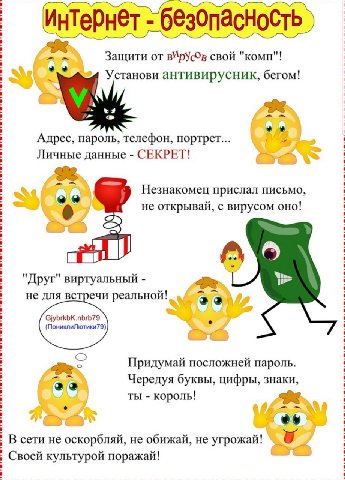 Интернет безопасность Защити от сво и комп Установи антивирусник, бегом! Адрес, пароль, телефон, портрет... Личные данные СЕКРЕТ! Незнакомец прислал письмо, о® не открывай, с вирусом оно! "Друг" вирту