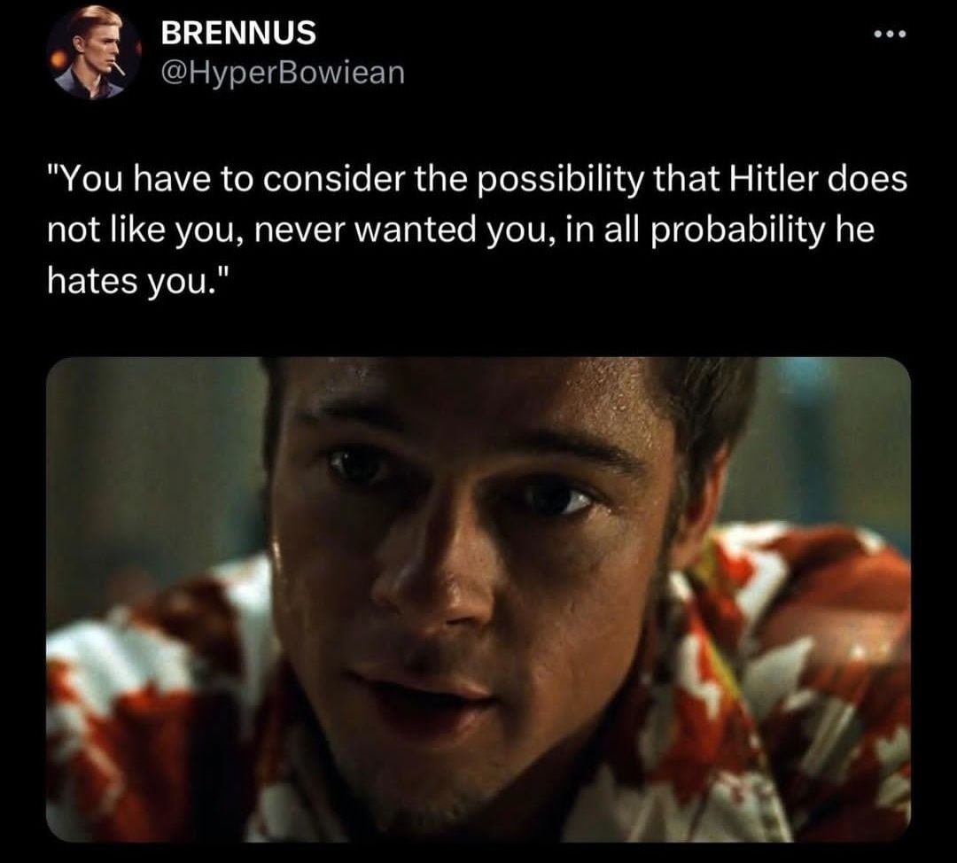 BRENNUS @HyperBowiean "You have to consider the possibility that Hitler does not like you, never wanted you, in all probability he hates you." A