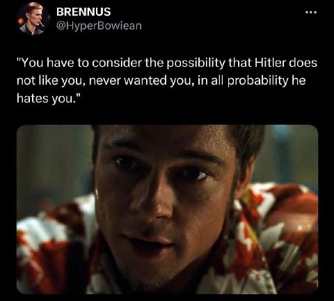 BRENNUS @HyperBowiean "You have to consider the possibility that Hitler does not like you, never wanted you, in all probability he hates you." A