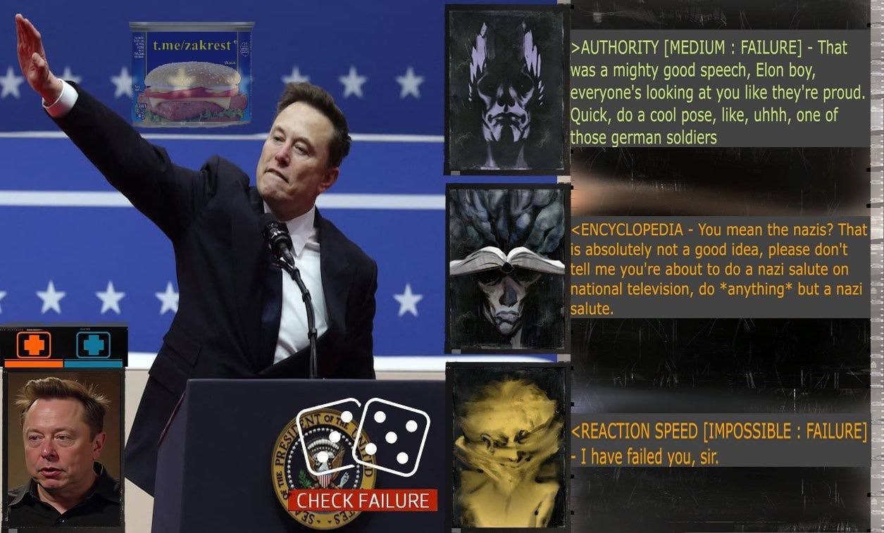 >AUTHORITY [MEDIUM FAILURE] That We was a mighty good speech, Elon boy, everyone's looking at you like they're proud Quick, a cool pose, like, uhhh, one of those german soldiers Я we <ЕМС the Yay hat 