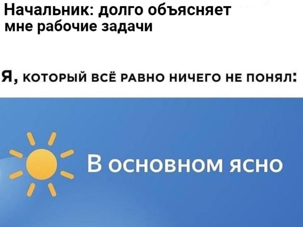 Начальник: долго объясняет мне рабочие задачи Я, КОТОРЫЙ ВСЁ РАВНО НИЧЕГО НЕ ПОНЯЛ: Восновном ясно