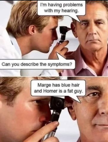 having problems with my hearing. ‘2 Can you describe the symptoms? Marge has blue hair and Homer is a fat guy.